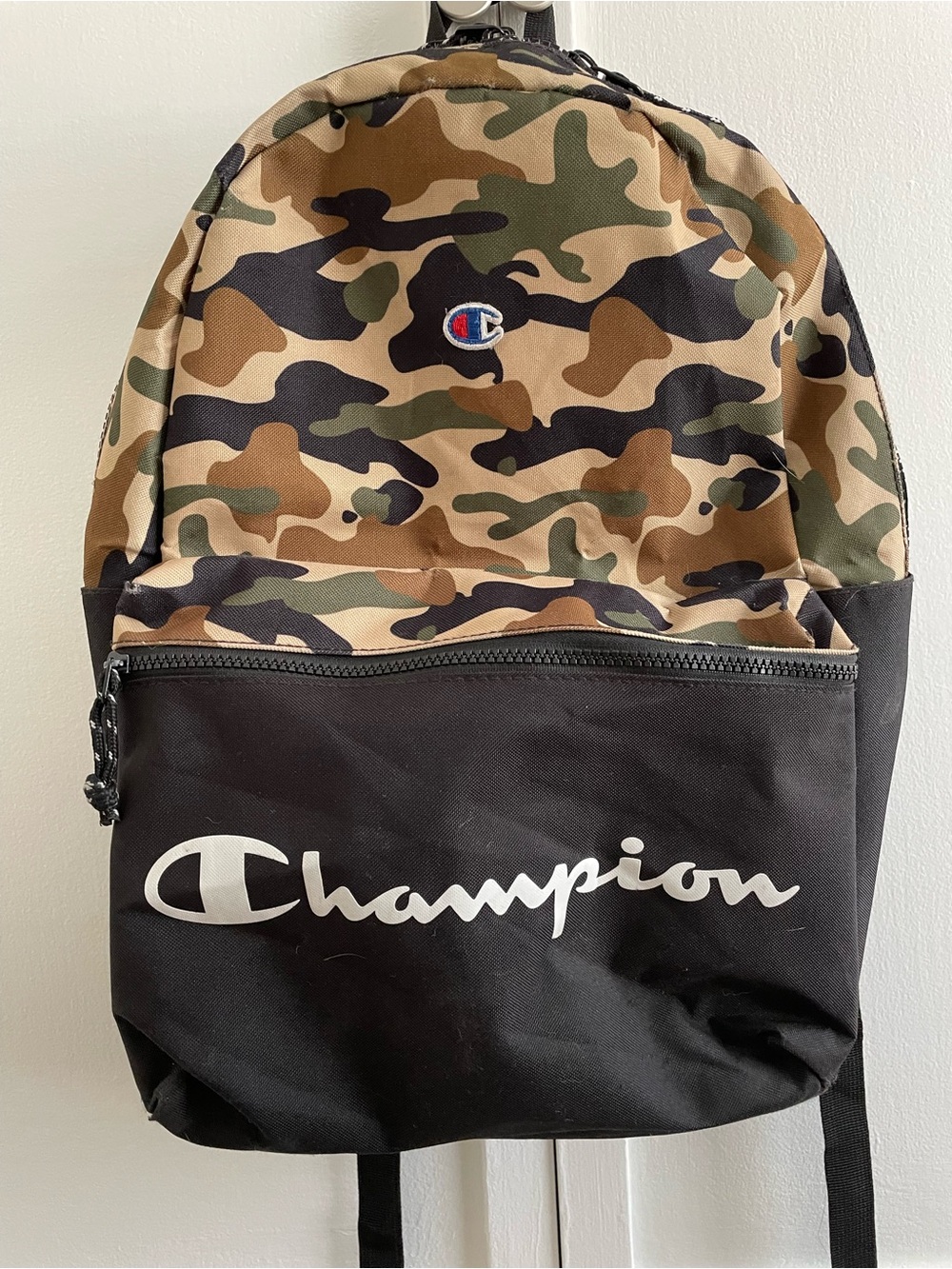 Champion Manuscript Green Grid Camo &Black Logo Backpack ExcellentShape LikeNew